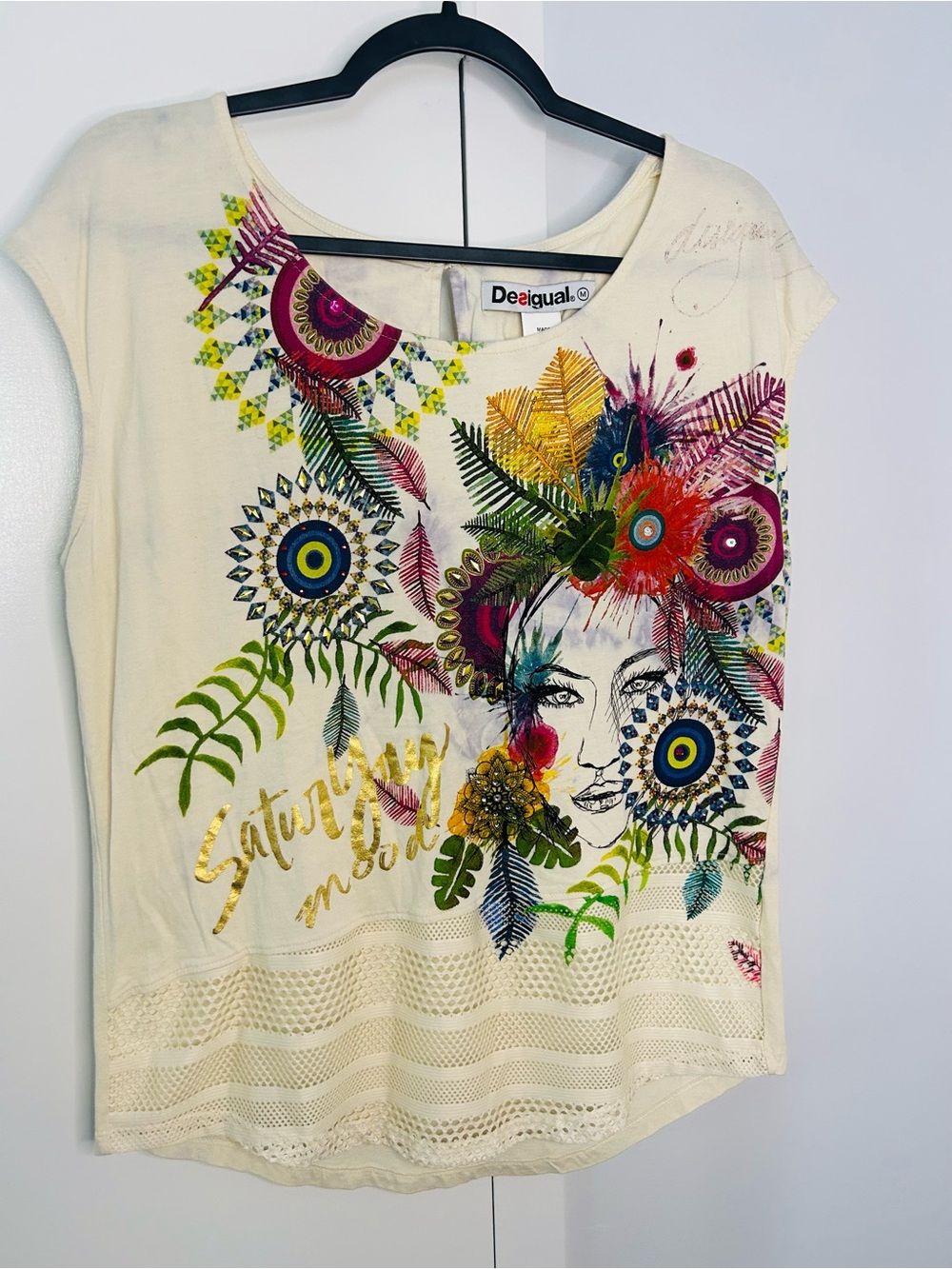 Desigual Cream Tee with Multicolor Floral & Feather Graphic